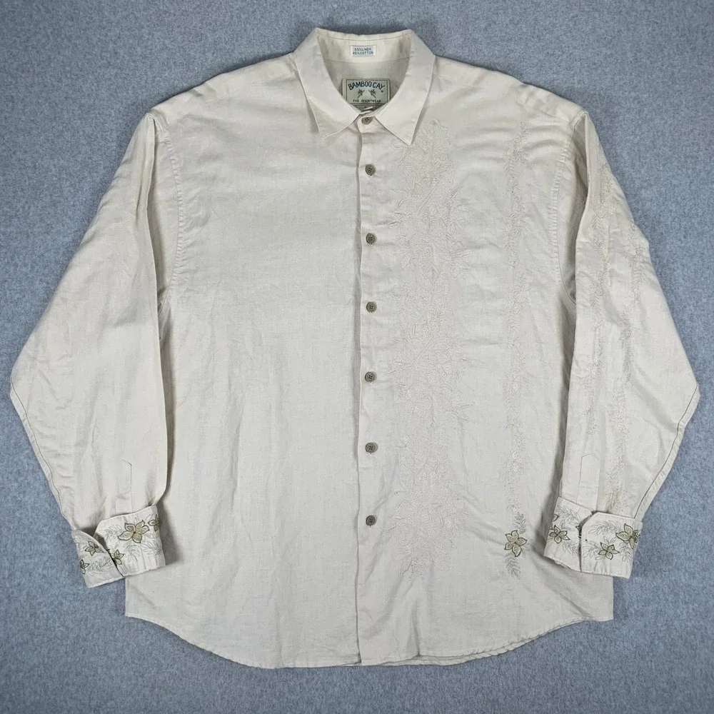 Bamboo Cay Button Down Shirt Mens XL Cream Linen Cotton Floral Embroidered